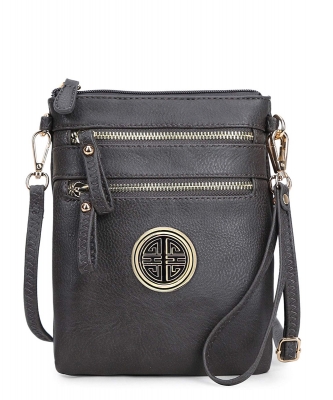 Women's Rich Faux Leather Organizer Multi Zipper Pockets Crossbody Bag WU002L CHARCOAL GREY